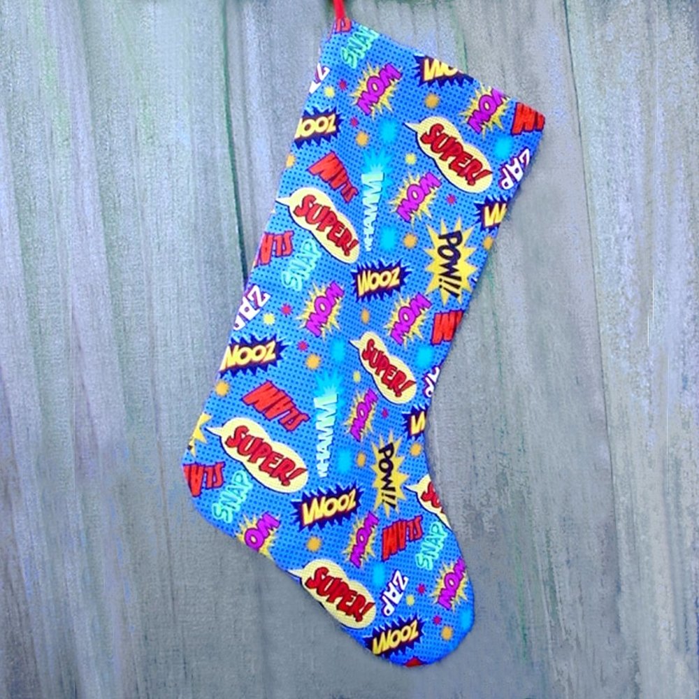 CARTOON GRAPHIC CHRISTMAS STOCKING 100% COTTON HANDMADE COMIC BOOK ACTION WORDS